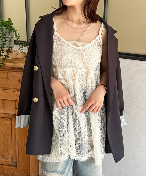 オッズオン タグ付き チュニック ギャザー レース 花柄 刺繍 F 紺 オールシーズン◎】刺繍レースキャミチュニック | DISCOAT(ディス