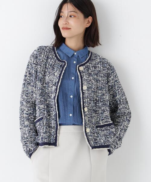 【新品】humanwoman ネイビー ノーカラージャケット M human woman（ヒューマンウーマン） ジャケット ノーカラージャケット