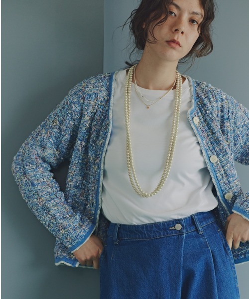 【新品】humanwoman ネイビー ノーカラージャケット M human woman（ヒューマンウーマン） ジャケット ノーカラージャケット