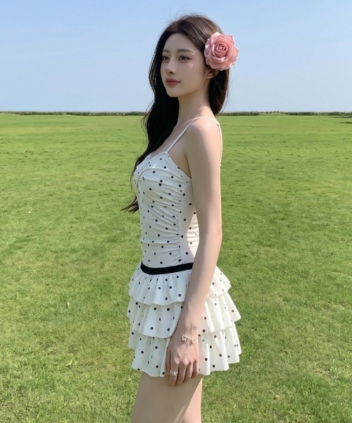 水着 ドット柄 フレアスカート ワンピースビキニ レディース