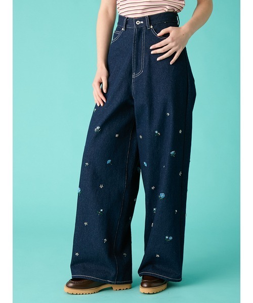 ジーンズ デニム デニムパンツ ビーズ刺繍デニムパンツ レディース