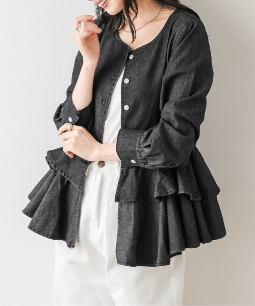 【新品】フリルロングカーディガン　ブラック フリル付きロングカーディガン axes femme（アクシーズファム）の「裾フリルロングカーディガン