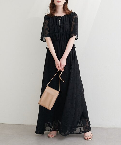 natural couture ワンピース ジャガードウエストリボンワンピース
