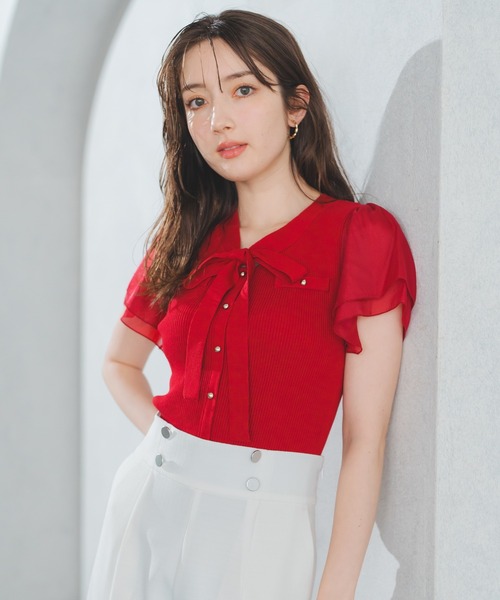 「MISCH MASCH」 半袖ニット フリ- レッド レディース_画像2