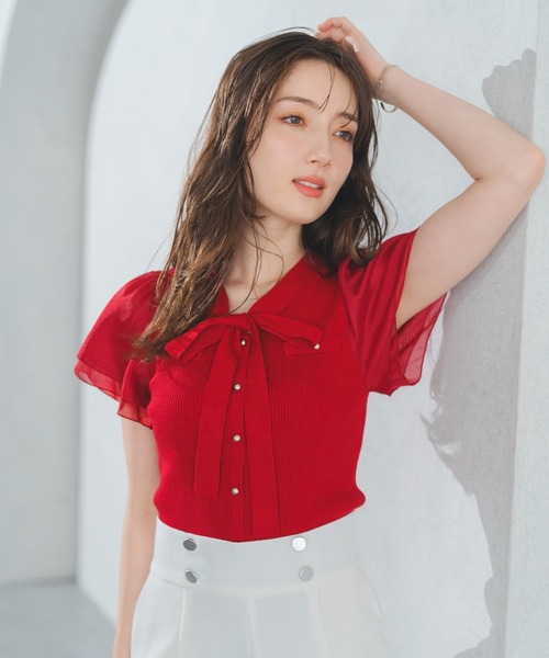 「MISCH MASCH」 半袖ニット フリ- レッド レディース_画像3