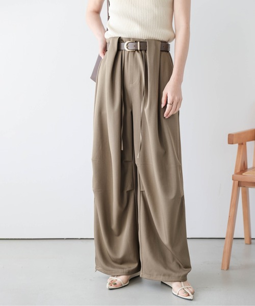 ワイドパンツ パンツ 裾ドロスト タックワイドパンツ レディース