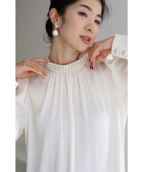 cawaii ブラウス シャツ 美しく艶めくパールネックのブラウストップス 