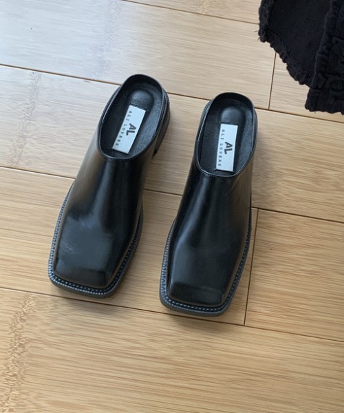 ブラックレザーオープントゥサボサンダル サンダル スクエアトゥサボサンダル レディース : ZOZOTOWN Yahoo!店