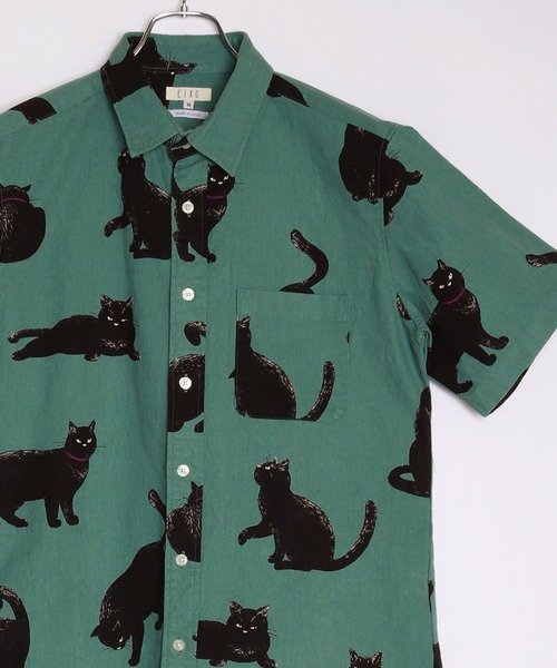 WESTSEA（ウエストシー） シャツ 日本製 ネコ柄 ルーズサイズ 総柄半袖