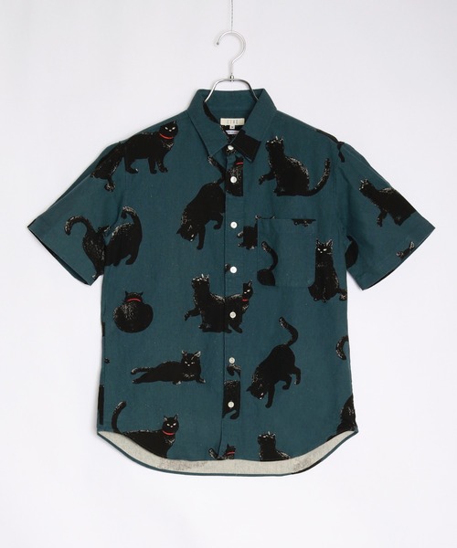 WESTSEA シャツ 日本製 ネコ柄 ルーズサイズ 総柄半袖シャツ