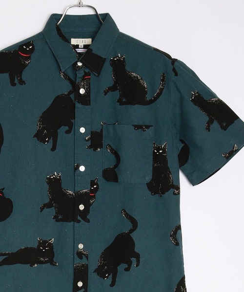 WESTSEA（ウエストシー） シャツ 半袖 日本製 ネコ柄 ルーズサイズ 総