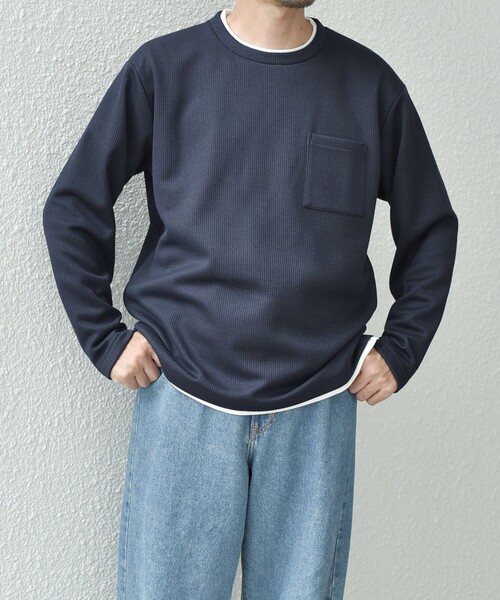 SHIPS any tシャツ any: パールワッフル フェイクレイヤード Tシャツ