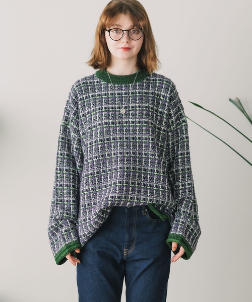 ニット セーター TWEED パターン クルーネックニット レディース