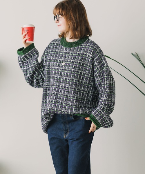 ニット セーター TWEED パターン クルーネックニット レディース ニット セーター TWEED パターン クルーネックニット レディース