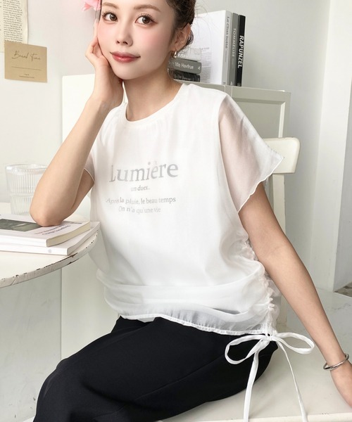 moment+ tシャツ 裾ドロストオーガンジーレイヤードプリント半袖T