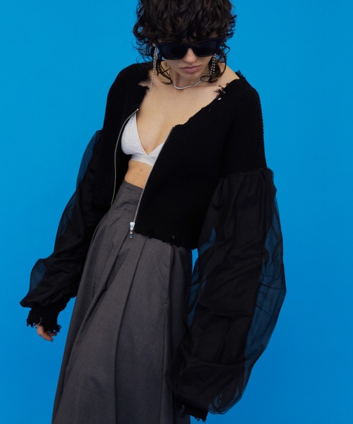 カーディガン TULLE SLEEVE KNIT CARDIGAN/チュールスリーブニットカーディガン レディース