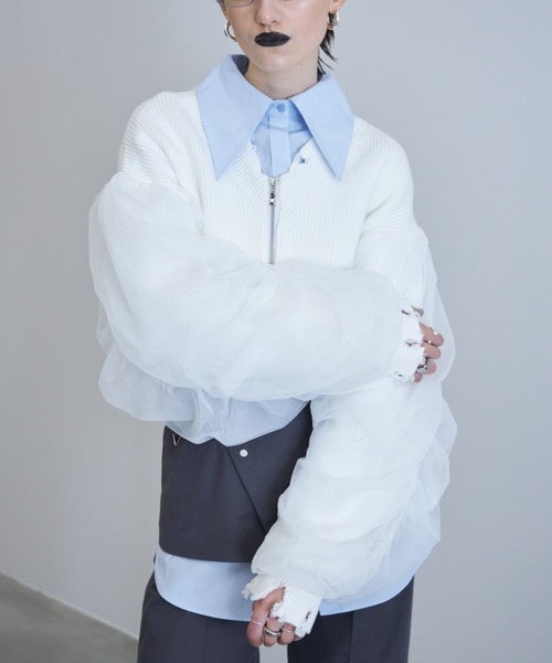 カーディガン TULLE SLEEVE KNIT CARDIGAN/チュールスリーブニット  