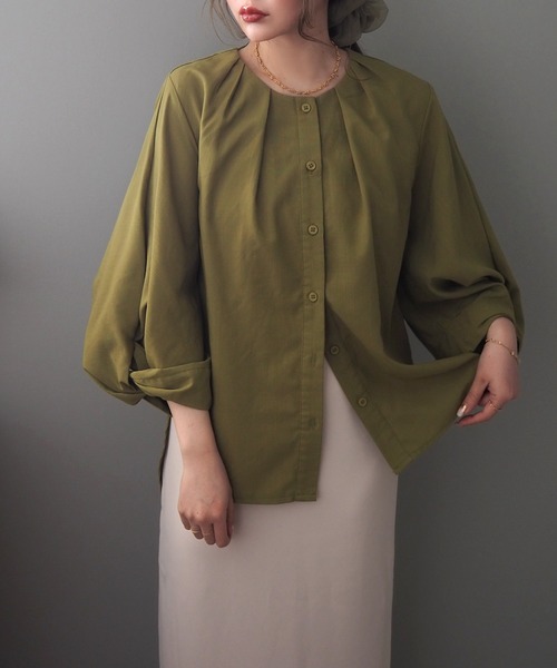 ブラウス シャツ tuck volume sleeve blouse /ノーカラー タック 7分袖