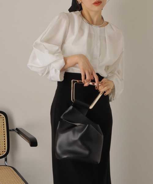 新品6(ROKU)COTTON VOLUME SLEEVE BLOUSEブラウス ブラウス シャツ tuck volume sleeve blouse /ノーカラー タック 7分袖