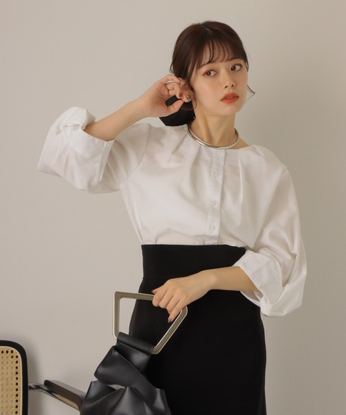 ブラウス シャツ tuck volume sleeve blouse /ノーカラー タック 7分袖