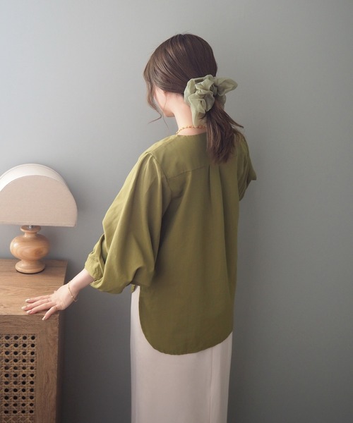 ブラウス シャツ tuck volume sleeve blouse /ノーカラー タック 7分袖