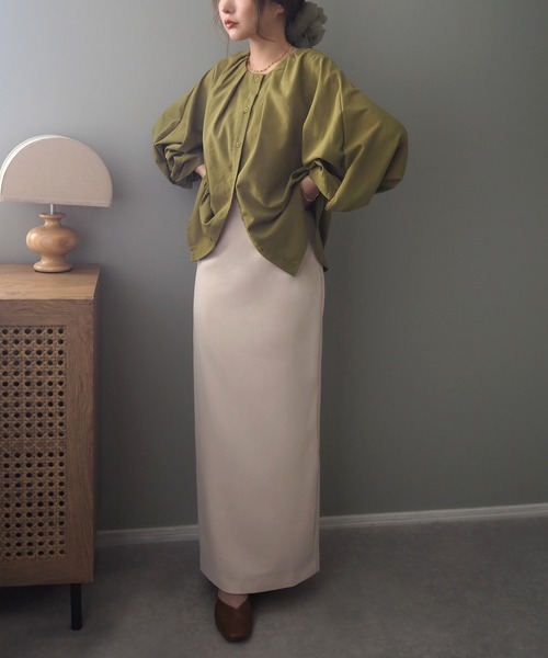ブラウス シャツ tuck volume sleeve blouse /ノーカラー タック 7分袖