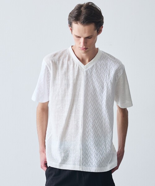 00's 5351POUR LESHOMME パッチワークカットソー 5351 POUR LES HOMMES tシャツ パッチワーク PUレザー Vネック 半袖 T