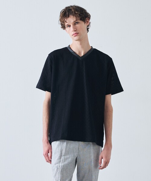 5351 POUR LES HOMMES tシャツ パッチワーク PUレザー Vネック 半袖 T