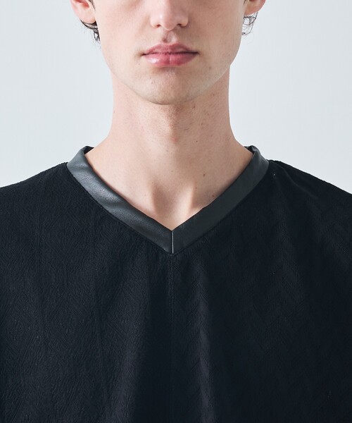 5351 POUR LES HOMMES tシャツ パッチワーク PUレザー Vネック 半袖 T