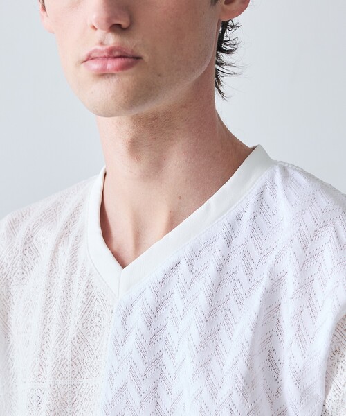 5351 POUR LES HOMMES tシャツ パッチワーク PUレザー Vネック 半袖 T