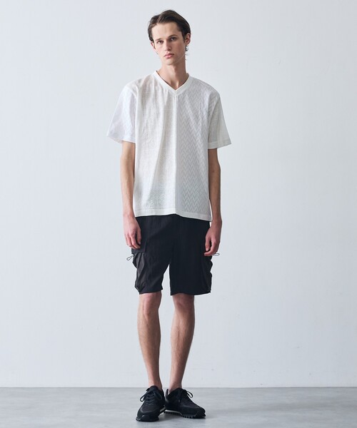5351 POUR LES HOMMES tシャツ パッチワーク PUレザー Vネック 半袖 T