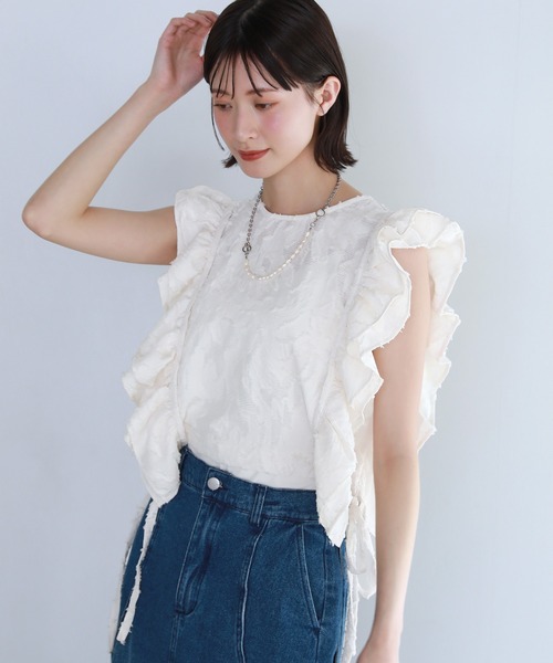 ベスト ジレ フリンジジャカードフリルべスト レディース ECLAM ベスト ジレ フリンジジャカードフリルべスト レディース