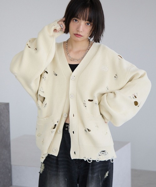 PBLIM カーディガン 「UNISEX」ダメージカーディガン レディース