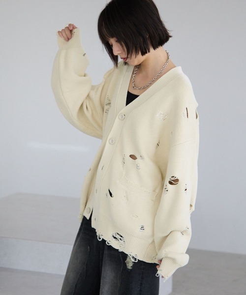 PBLIM カーディガン 「UNISEX」ダメージカーディガン レディース