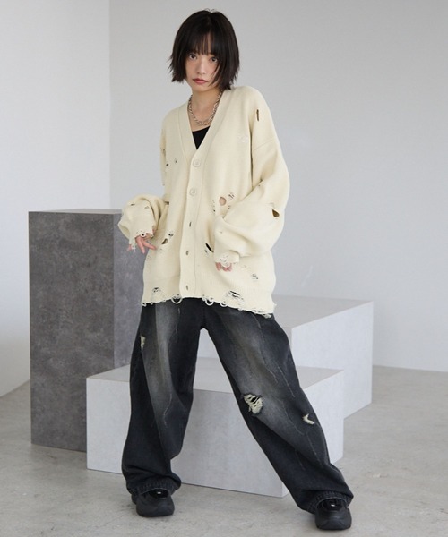 PBLIM カーディガン 「UNISEX」ダメージカーディガン レディース
