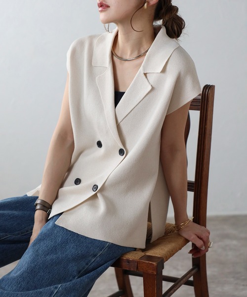 新品　CBセーターベスト　レディース　ホワイト　オレンジ　テーラーメイド Organic Cotton Wool 2WAYニットベスト(37793721-2024
