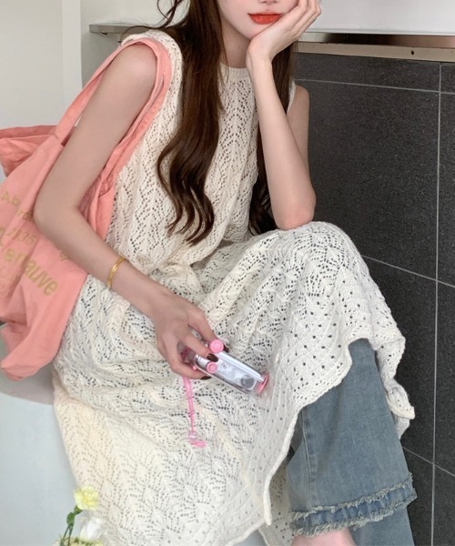 ワンピース 夏 「前後2Way」透かし編みノースリーブワンピース