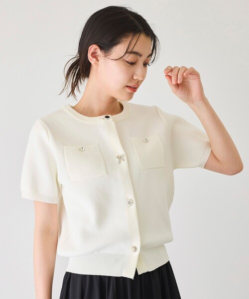 【極美品✨️】M'S GRACY 半袖カーディガン ビジュー リボン ホワイト 極美品✨️】M'S GRACY 半袖カーディガン ビジュー リボン
