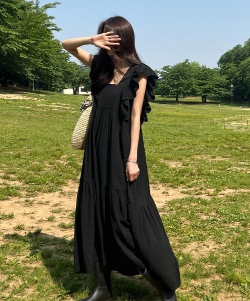 「N.s」 半袖ワンピース FREE ブラック レディース_画像4