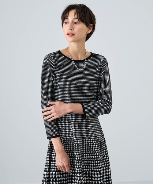 ★極美品★ ANAYI アナイ　長袖ニットワンピース　ブラウン　ピンク　38 極美品】ANAYI アナイ 長袖ニット千鳥ワンピース ブラウン ピンク 38