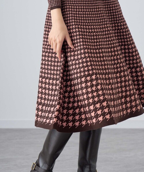 ★極美品★ ANAYI アナイ　長袖ニットワンピース　ブラウン　ピンク　38 極美品】ANAYI アナイ 長袖ニット千鳥ワンピース ブラウン ピンク 38