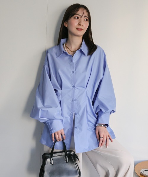 vis 袖ボリュームブラウス　ネイビー＆antiqua タックストライプシャツ sakishimatokyo ブラウス シャツ 「選べる」ウエストタックカラー