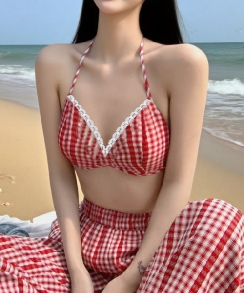 水着 Y2K チェック柄 ワイドストレートロングパンツ+ホルターネック
