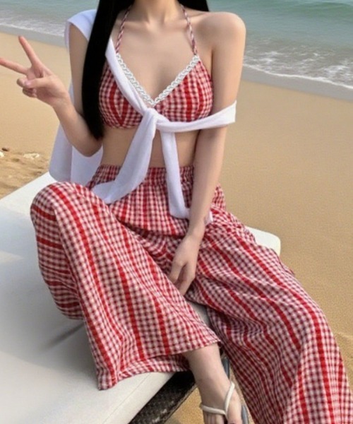水着 Y2K チェック柄 ワイドストレートロングパンツ+ホルターネック