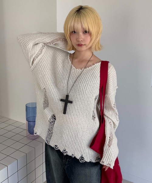 ニット セーター ラメロゴダメージシアーニット レディース メンズ