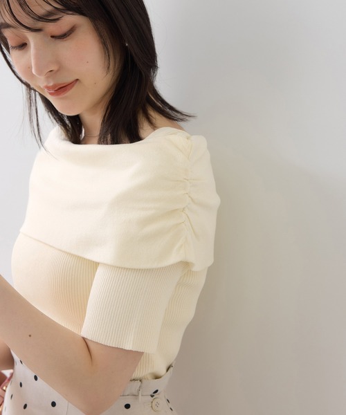 ニット セーター サイドギャザーオフショル5分袖ニット レディースの画像