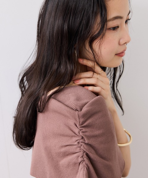ニット セーター サイドギャザーオフショル5分袖ニット レディースの画像