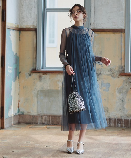 〔Callarus〕フロント刺繍使い袖チュールデザインワンピースドレス Callarus パーティードレス ドレス アシメ刺繍使い2WAYリボンデザイン