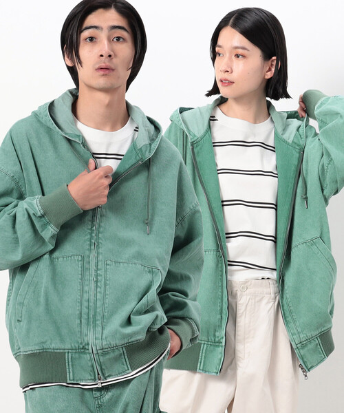 パープル＆イエロー（Purple & Yellow）/カラーデニム ケミカルウォッシュ フードブルゾン Purple&Yellow（パープルアンドイエロー） ブルゾン アウター カラー