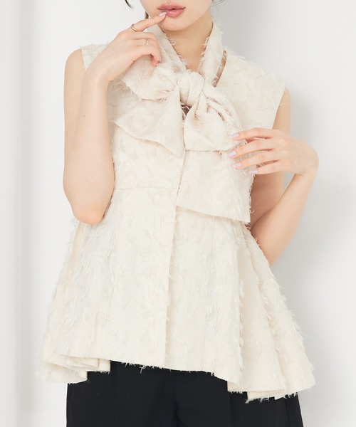 ブラウス シャツ 「セットアップ対応」リボン付きタックペプラムジャガードジレ 春服 夏服 レイヤード レディース